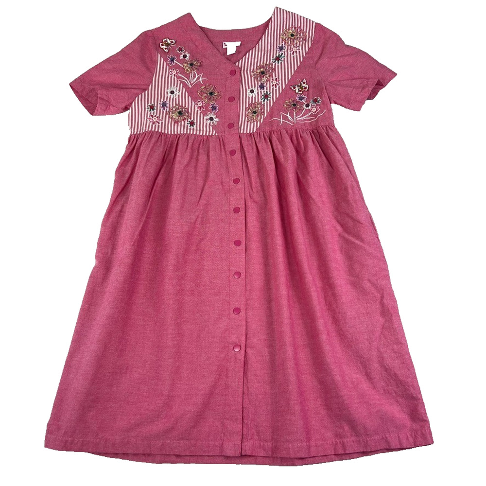 Go Softly Patio Dress L Pink Floral Full Button Smock Neck Mumu Embroidered